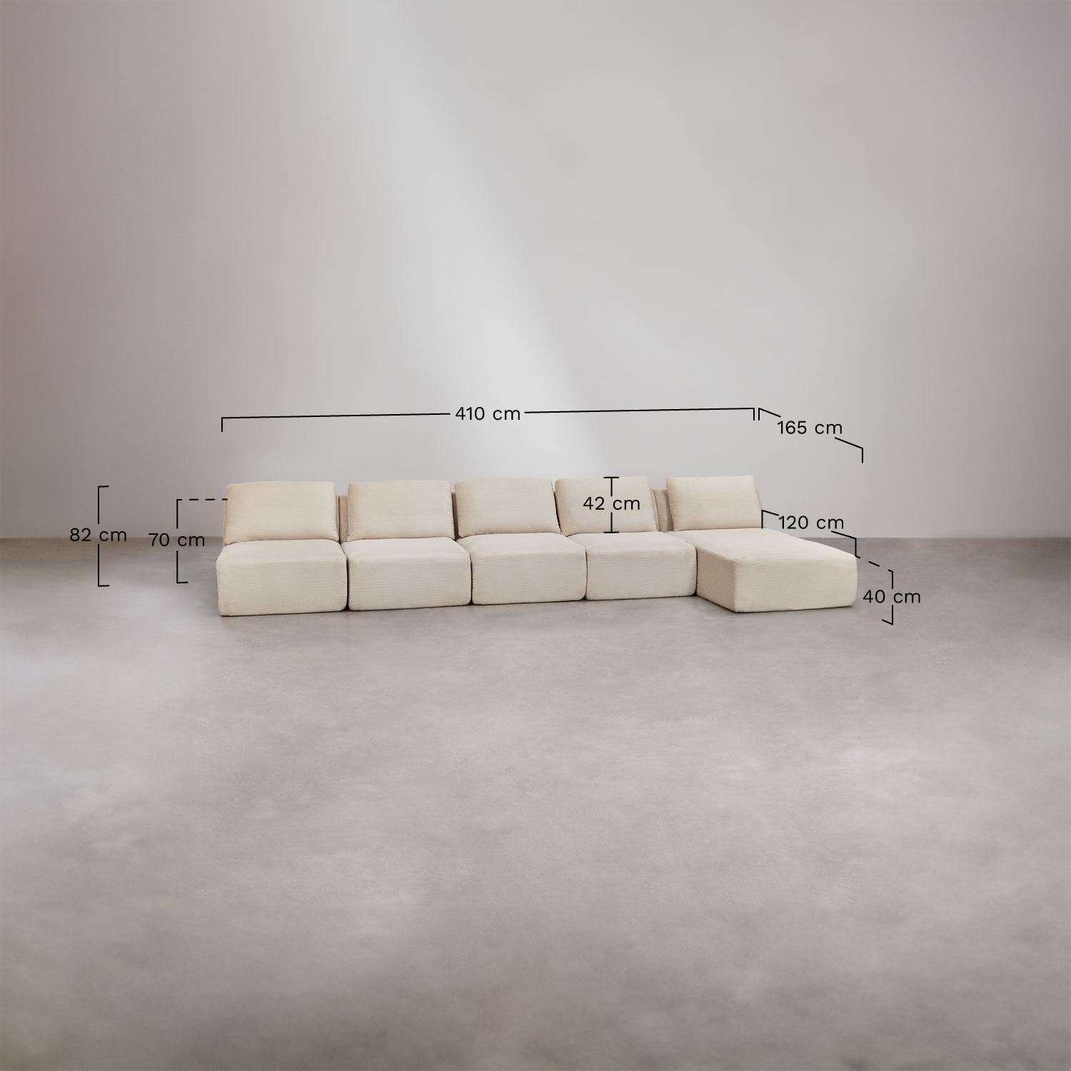 Sofa modułowy z prawym szezlongiem, 5-częściowy, z weluru, pakowany próżniowo Temple, rozmiary