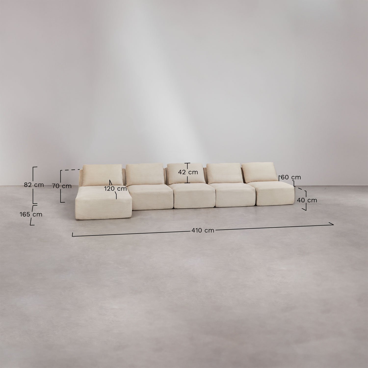 Sofa modułowy z lewym szezlongiem, 5-częściowy, z weluru, pakowany próżniowo Temple, rozmiary