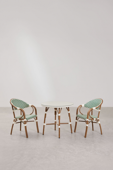Zestaw okrągłego stołu Brielle Bistro o średnicy 80 cm i dwa sztaplowane krzesła z podłokietnikami z aluminium. - Green - Gardenia Biel