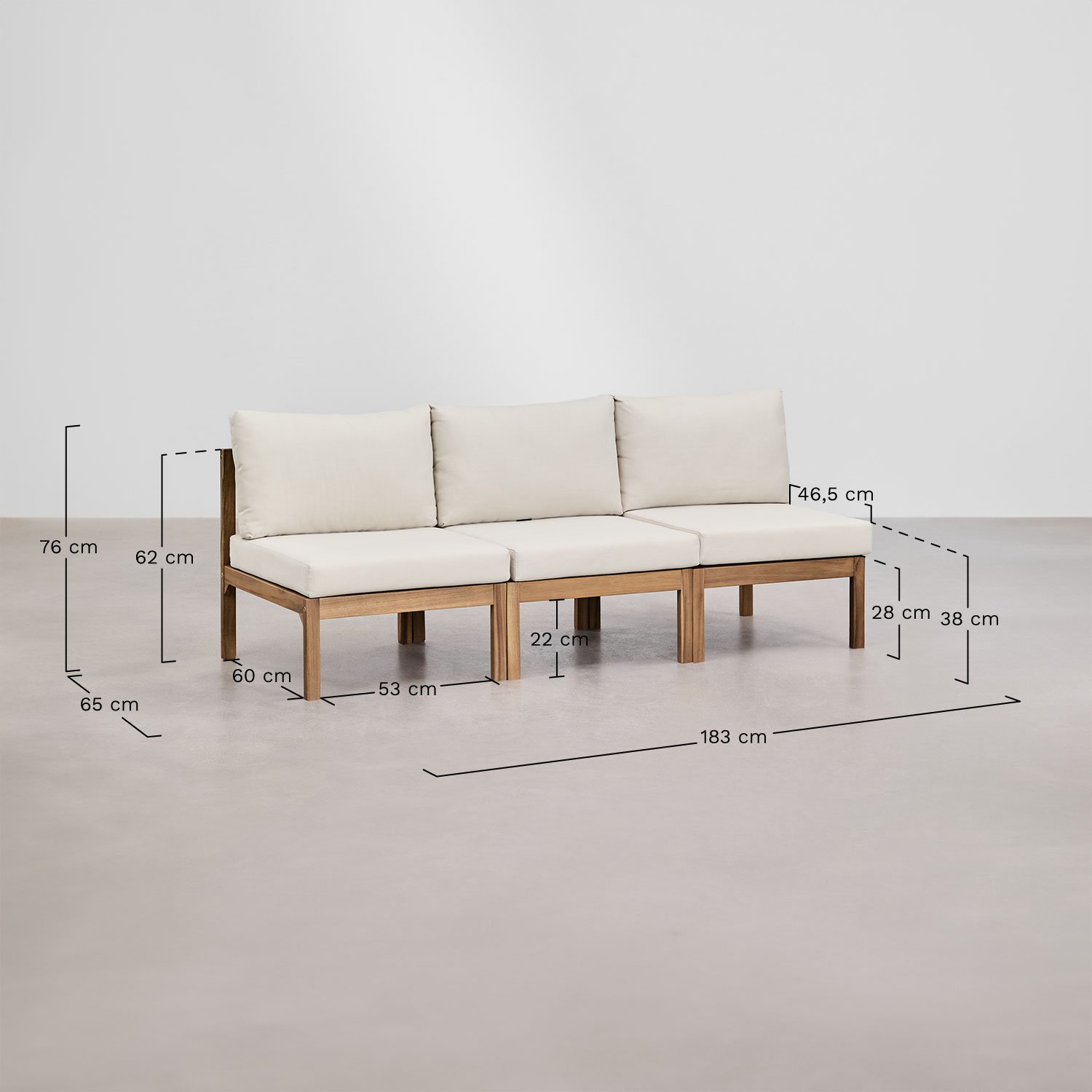 Branson 3-częściowa modułowa sofa z drewna akacjowego, rozmiary