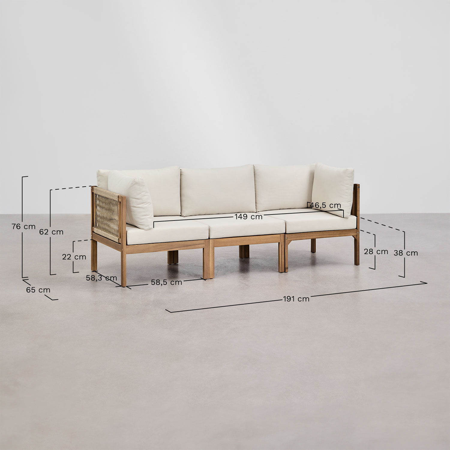 Branson 3-częściowa modułowa sofa ogrodowa z podłokietnikami z drewna akacjowego, rozmiary