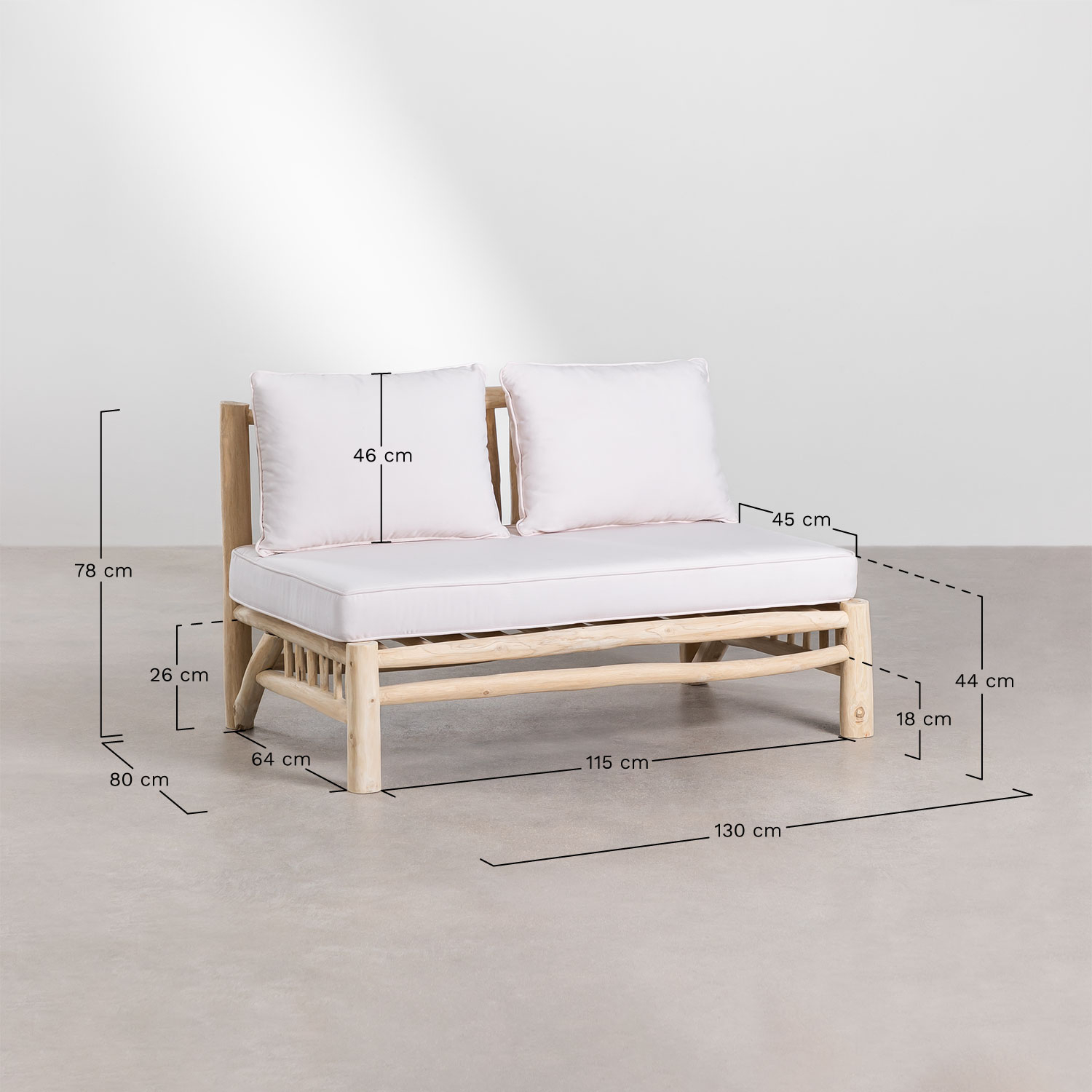 2-osobowa sofa ogrodowa bez podłokietników z drewna tekowego Narel, rozmiary