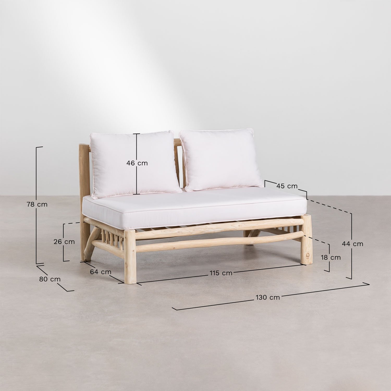 Dwuosobowa sofa bez podłokietników z drewna tekowego Narel, rozmiary