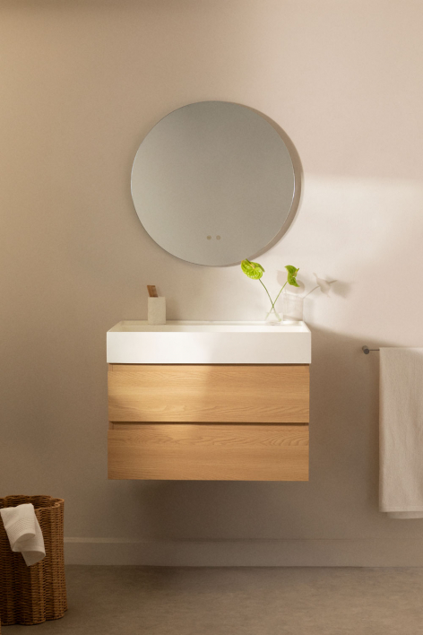 Zestaw wiszących mebli łazienkowych z drewna i forniru jesionowego zintegrowany z umywalką Ona - Naturalna