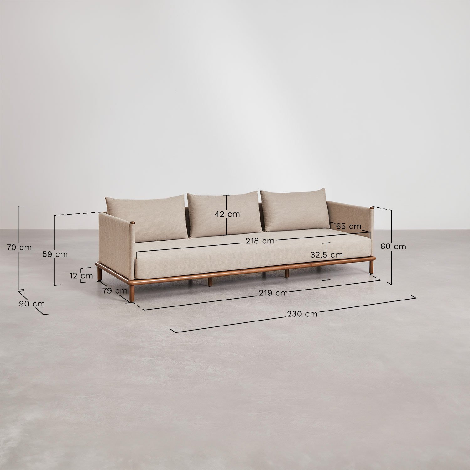 Sofa 3-osobowa z drewna akacjowego Olivia, rozmiary