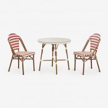 Zestaw Okrągły Stół Ø80 Cm Brielle Bistro I 2 Składane Krzesła Z Syntetycznego Rattanu I Aluminium Solange Bistro Kremowa - Ruby Red - Sklum