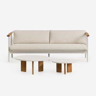 Zestaw Ogrodowy Z 3-osobową Sofą W Tkaninie Bouclé I 2 Aluminiowymi Stolikami Kawowymi Yervin Bouclé Kolory Naturalne - Sklum