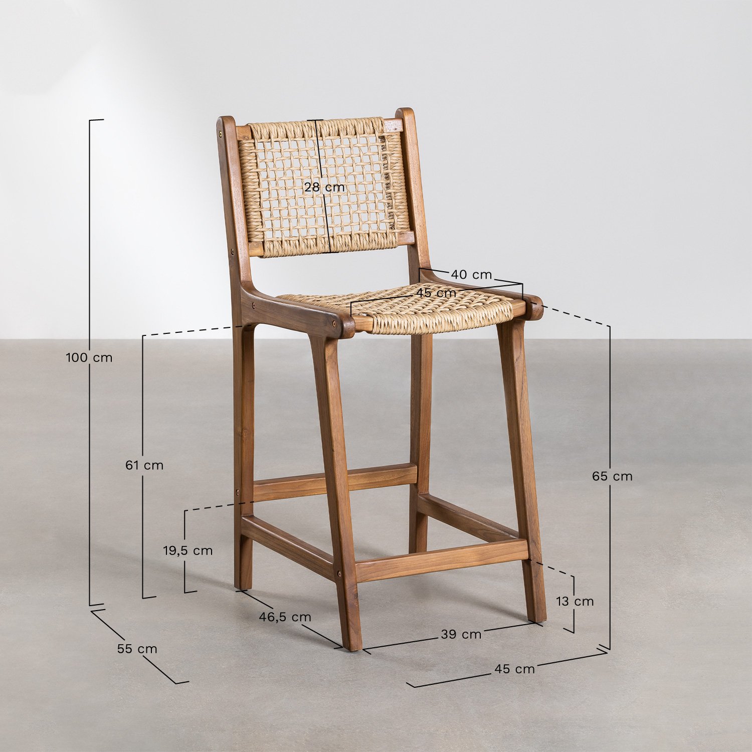 Wysoki stołek 65 cm z drewna tekowego Malmo, rozmiary