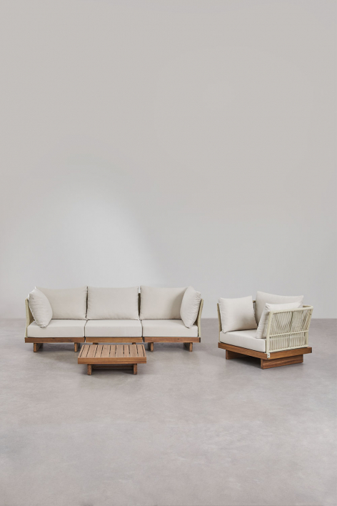 Zestaw wypoczynkowy do salonu z 3-częściową modułową sofą z 2 narożnymi krzesłami, stolikiem kawowym i fotelem z drewna akacjowe