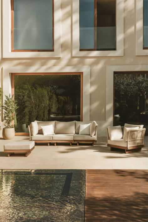 Zestaw ogrodowy z modułową sofą 3-częściową z 2 narożnymi fotelami, fotelem i pufem z drewna akacjowego Dailin