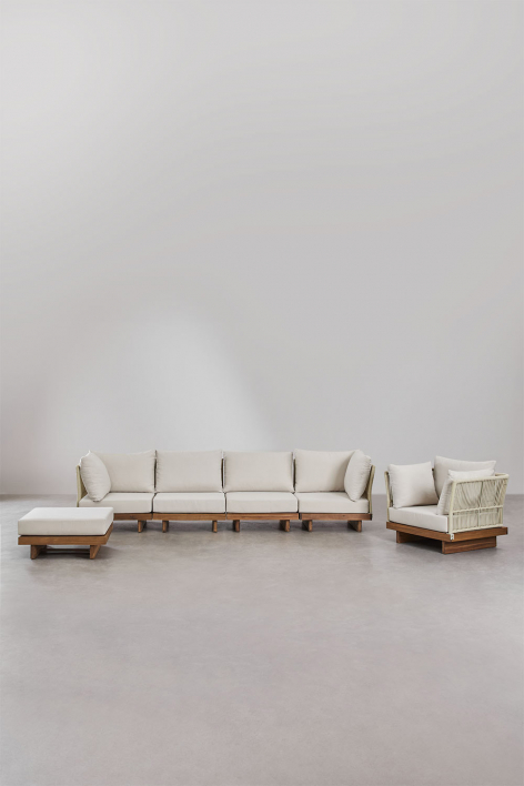 Zestaw wypoczynkowy do salonu z 4-częściową modułową sofą, 2 fotelami narożnymi, fotelem i pufą z drewna akacjowego Dailin