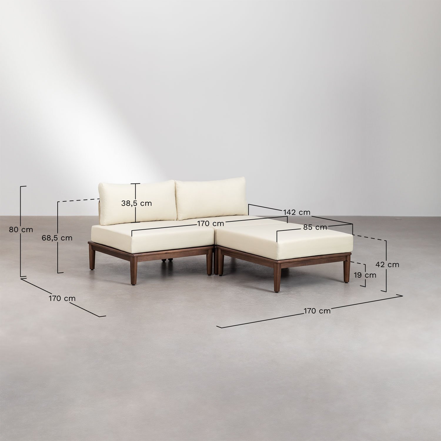 Giulia 2-częściowa modułowa sofa ogrodowa i pufa w kolorze akacjowym   , rozmiary