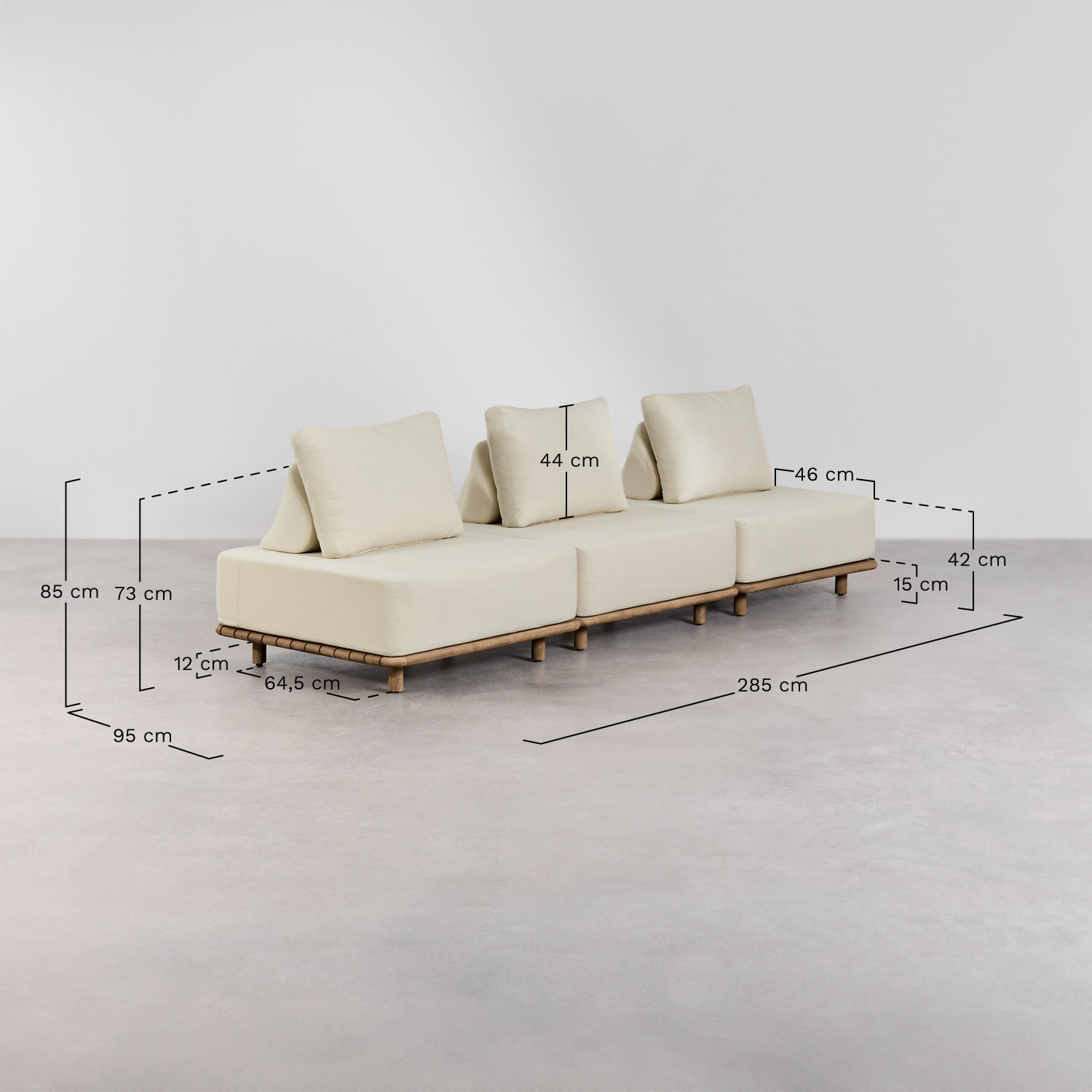 Zestaw salonowy z modułową sofą 3-częściową i stolikiem kawowym 160x95 cm z akacji Portet, rozmiary