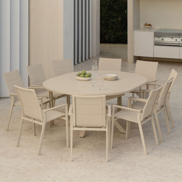 Zestaw 145-200x145 Cm Okrągły Stół Rozkładany Barces I 10 Krzeseł Ogrodowych Karena Aluminiowych Składanych Z Podłokietnikami Kremowa Tapioca - Sklum