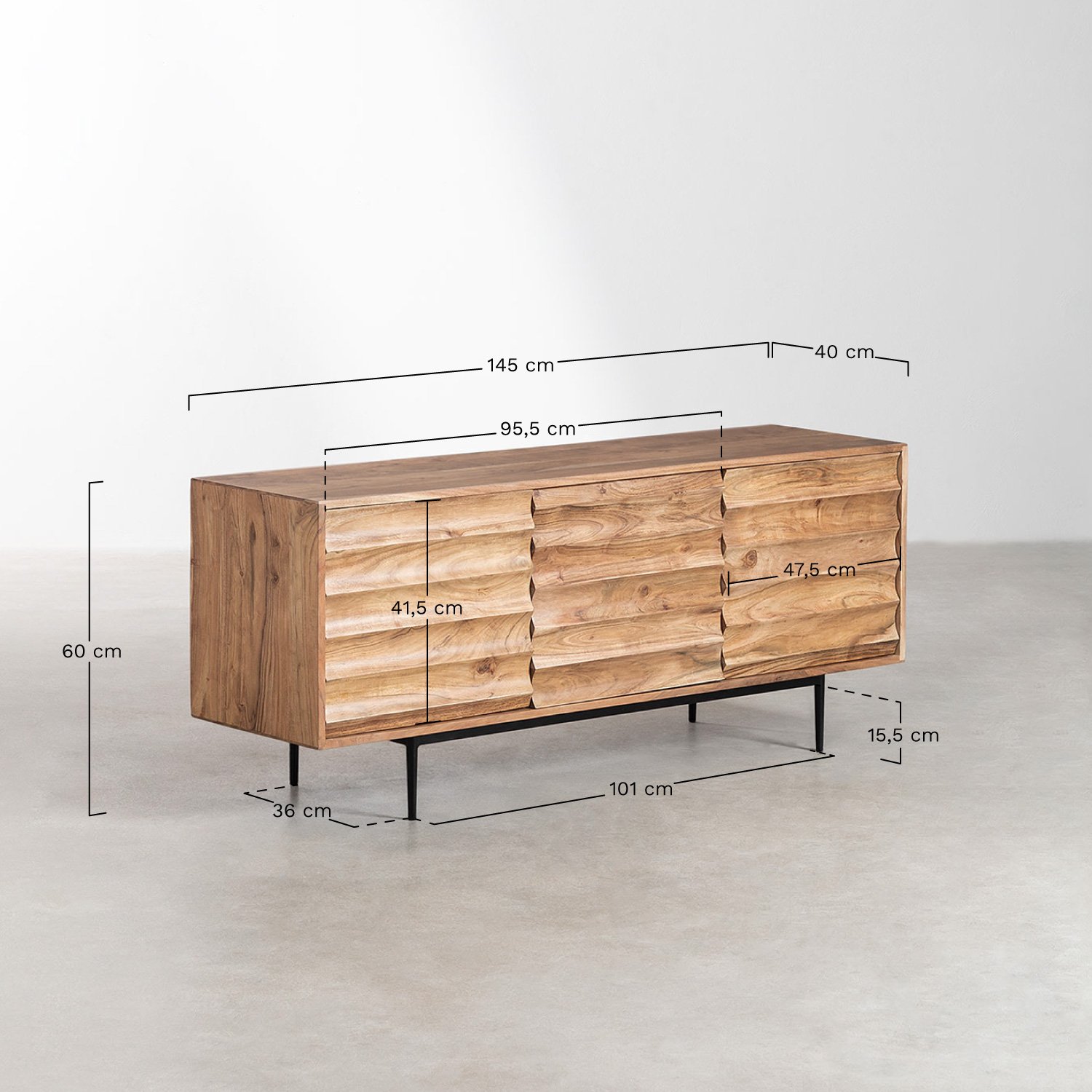 Szafka RTV 145x40 cm z drewna akacjowego Petter, rozmiary