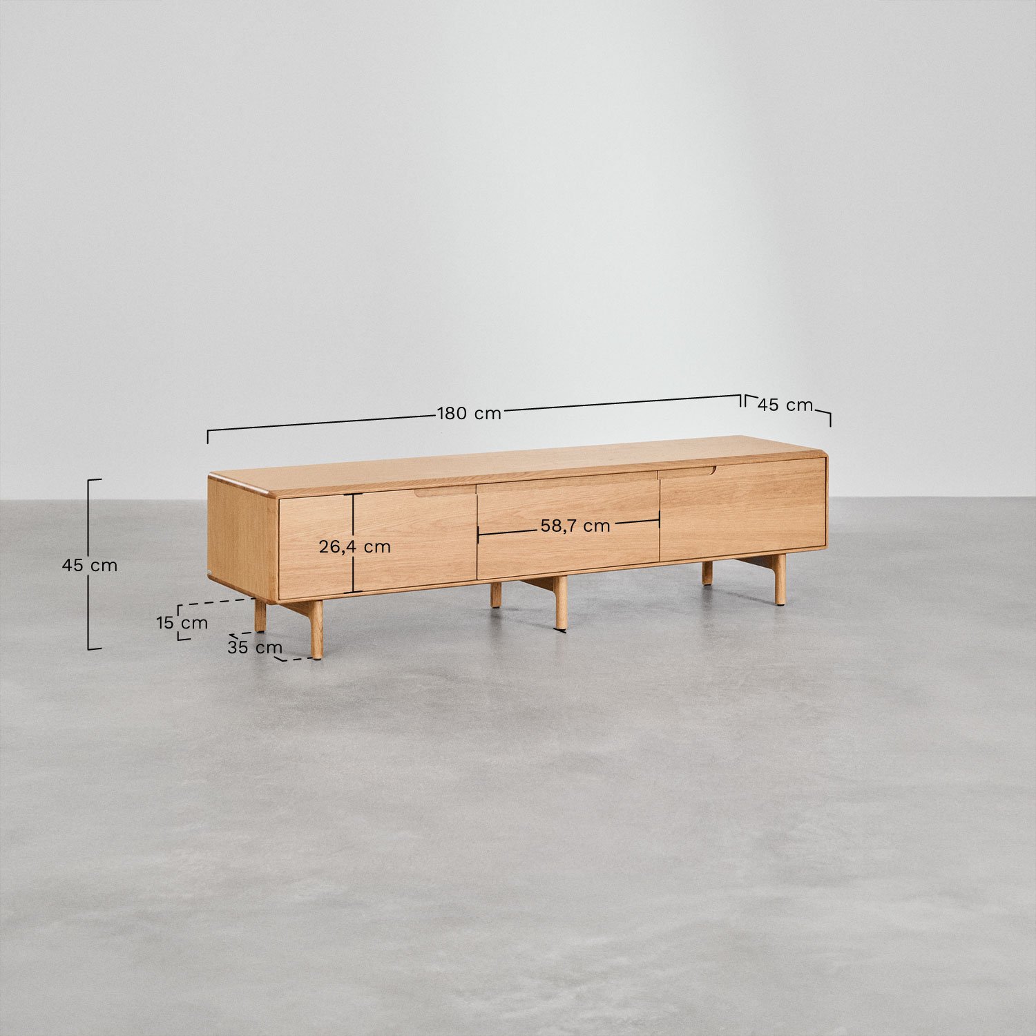 Szafka RTV 180x45 cm z drewna Treveris, rozmiary