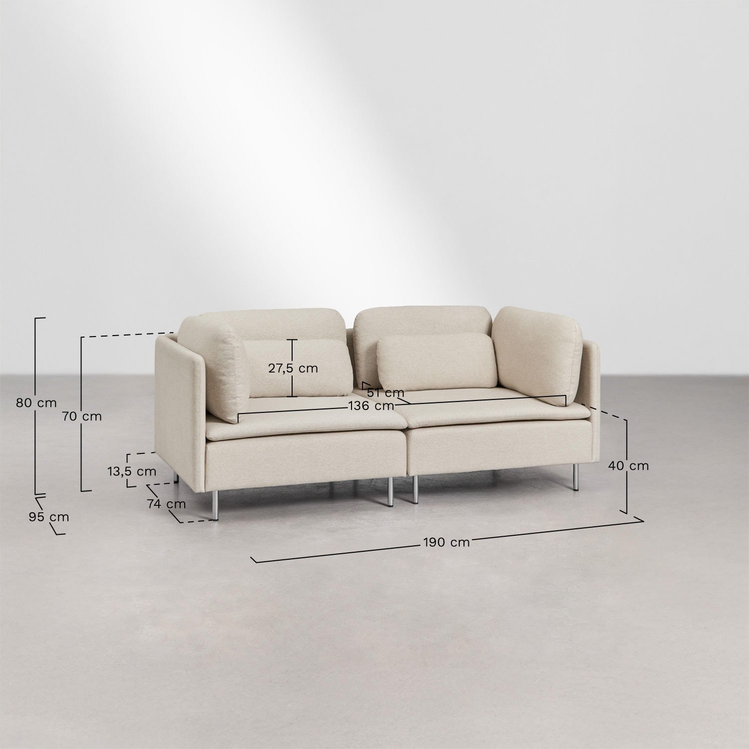 Modułowa sofa 2-częściowa w tkaninie Oriol, rozmiary