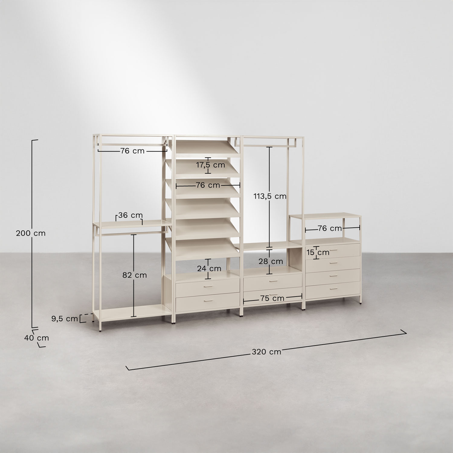 Janine 4-częściowa otwarta szafa modułowa ze stalowymi szufladami, rozmiary
