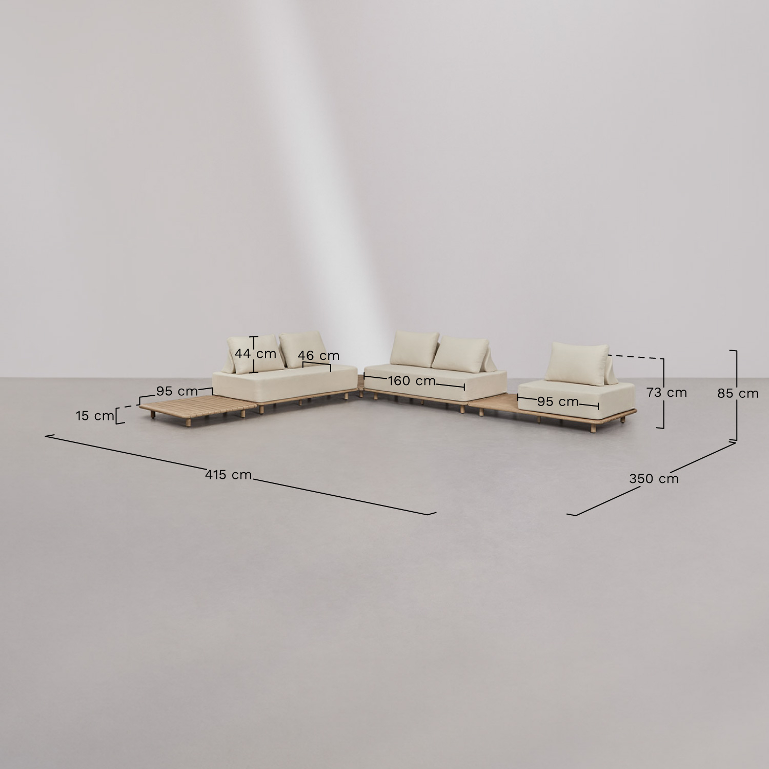 Zestaw ogrodowy z 4-częściową modułową sofą narożną z bokiem i stolikiem kawowym 95x95 cm w kolorze Portet acacia, rozmiary
