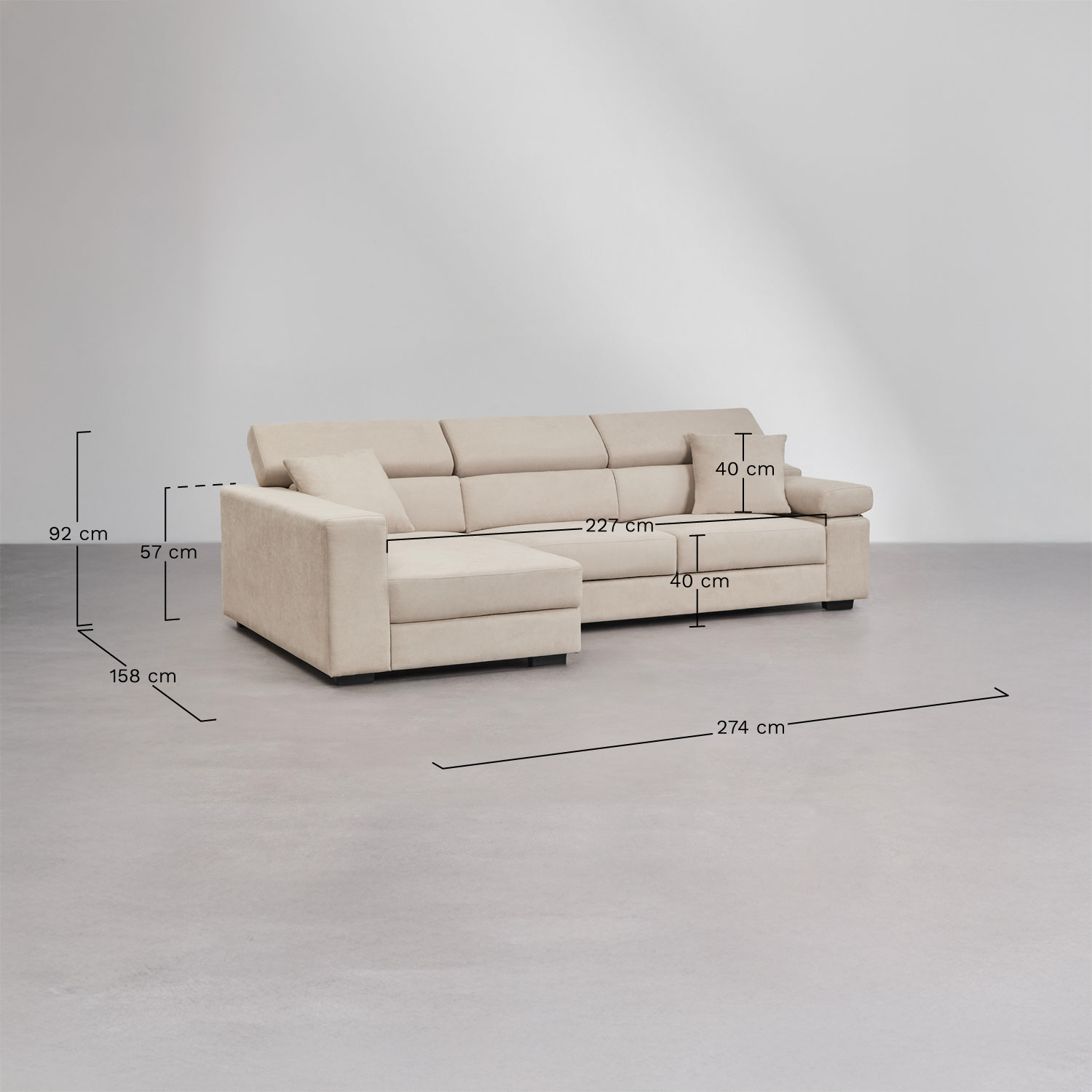 Trivietė sofa LUVANO su šezlongu, smėlio spalva | namuideja.lt | kampinė sofa