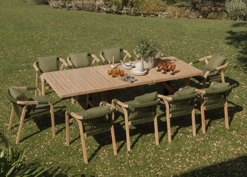 Zestaw stół prostokątny 200-260-320x100 cm rozkładany rustykalna akacja i 10 krzeseł ogrodowych Dubai - Rustykalny brąz akacjowy