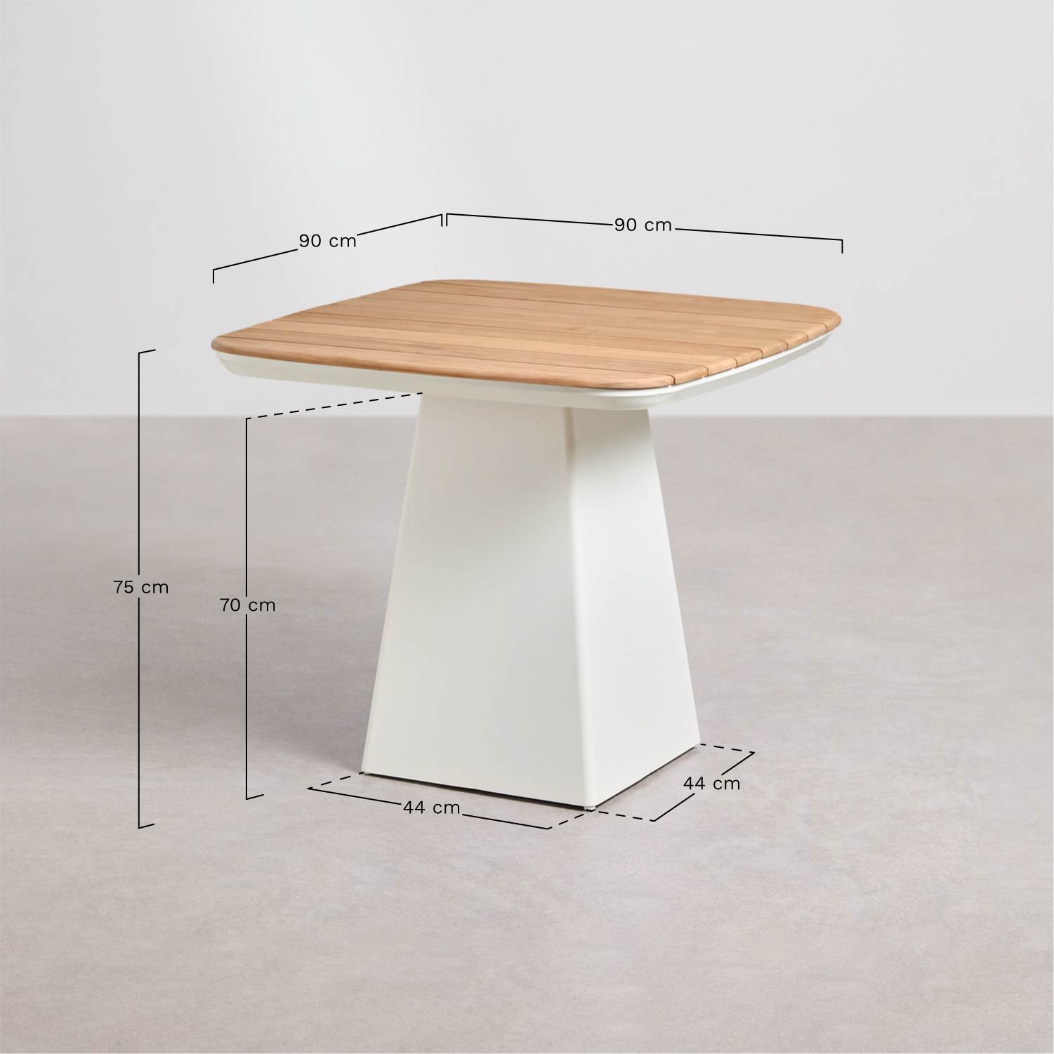 Zestaw kwadratowego stołu 90x90 cm z aluminium i drewna tekowego Inkeri oraz 4 krzeseł ogrodowych z podłokietnikami z drewna Sai, rozmiary