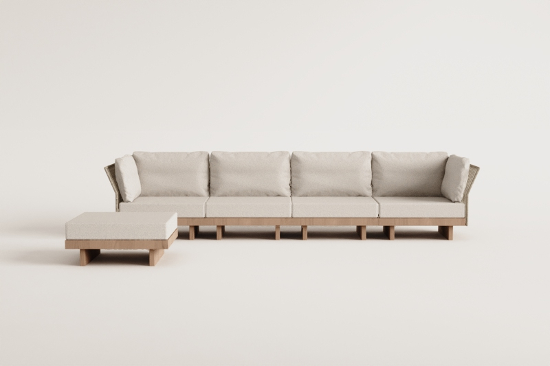 4-częściowa modułowa sofa ogrodowa z 2 narożnymi fotelami i pufem z drewna akacjowego Dailin