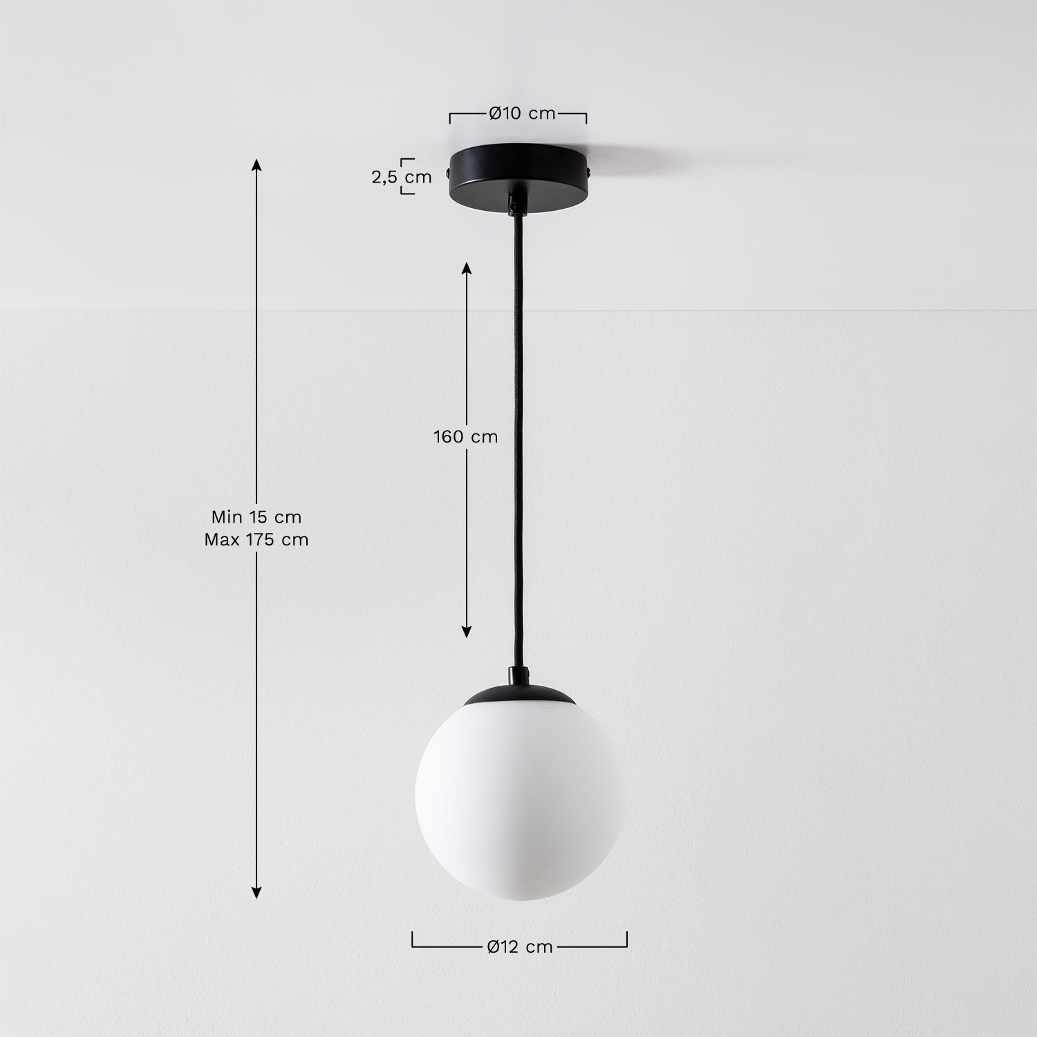 Lampa sufitowa Ø12 cm z żelaza z kulą szklaną Uvol  , rozmiary