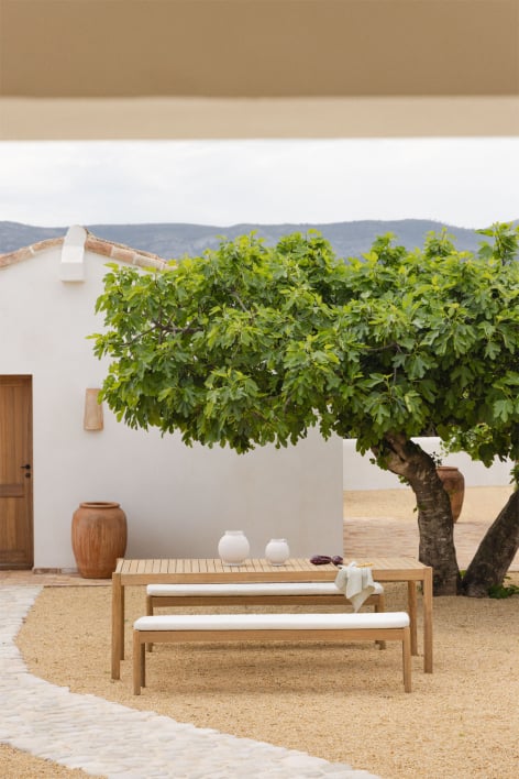 Zestaw stołu prostokątnego 220x100 cm i 2 ławek ogrodowych z drewna akacjowego Karvia