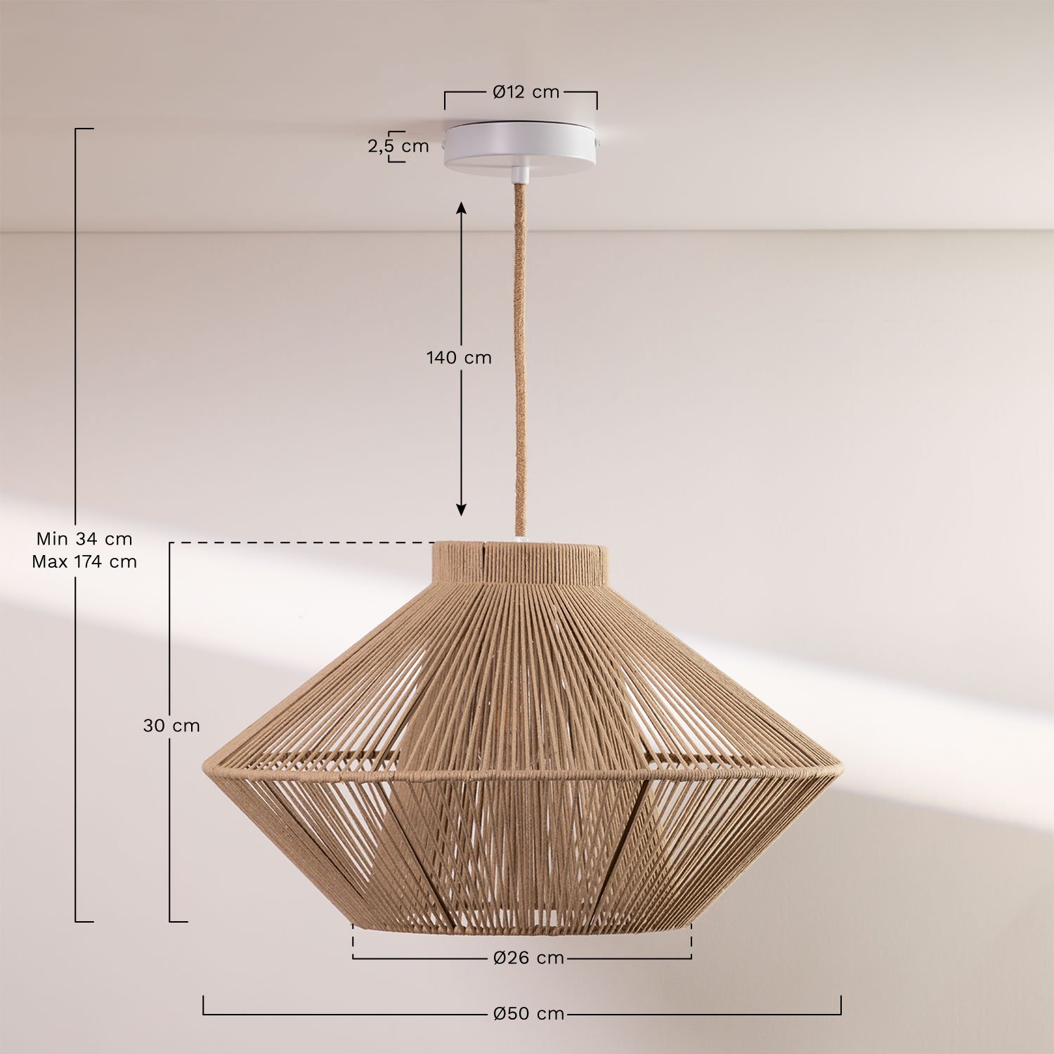 Lampa sufitowa ze sznurka bawełnianego Ufo, rozmiary