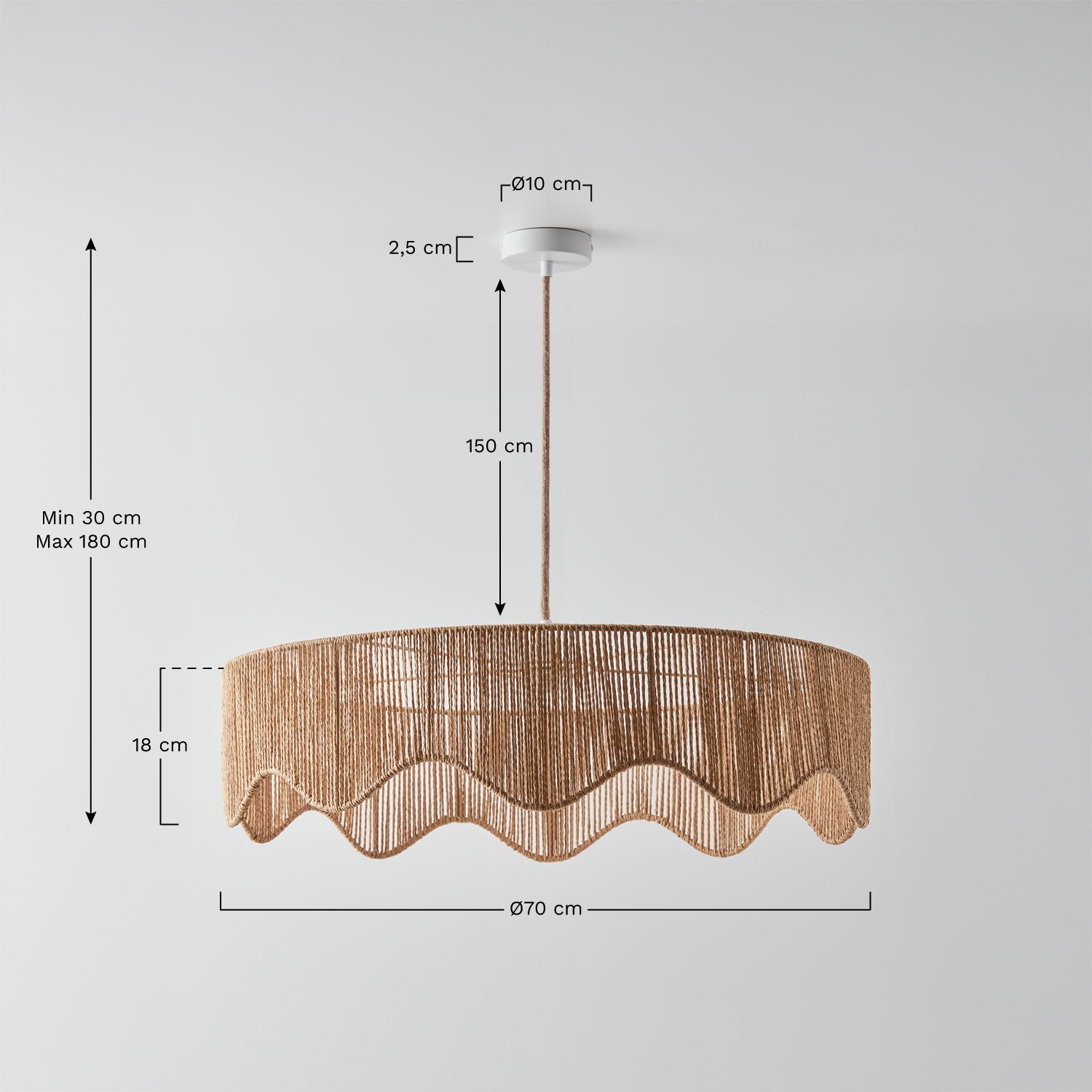 Lampa sufitowa z plecionego papieru Aoife, rozmiary