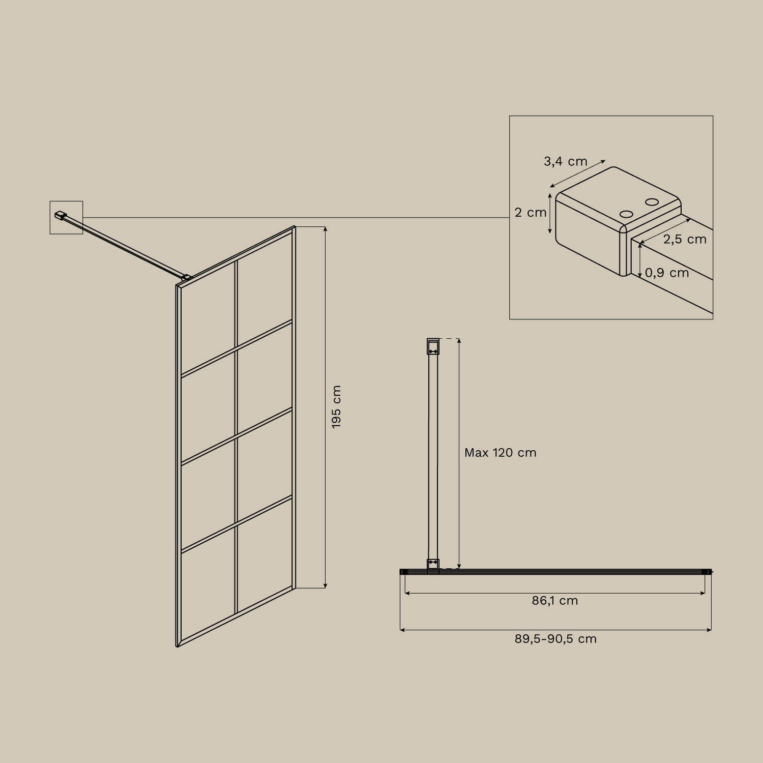 Stała ścianka prysznicowa ze wzorem w kratkę, szkło hartowane 8 mm i aluminium Camden, rozmiary