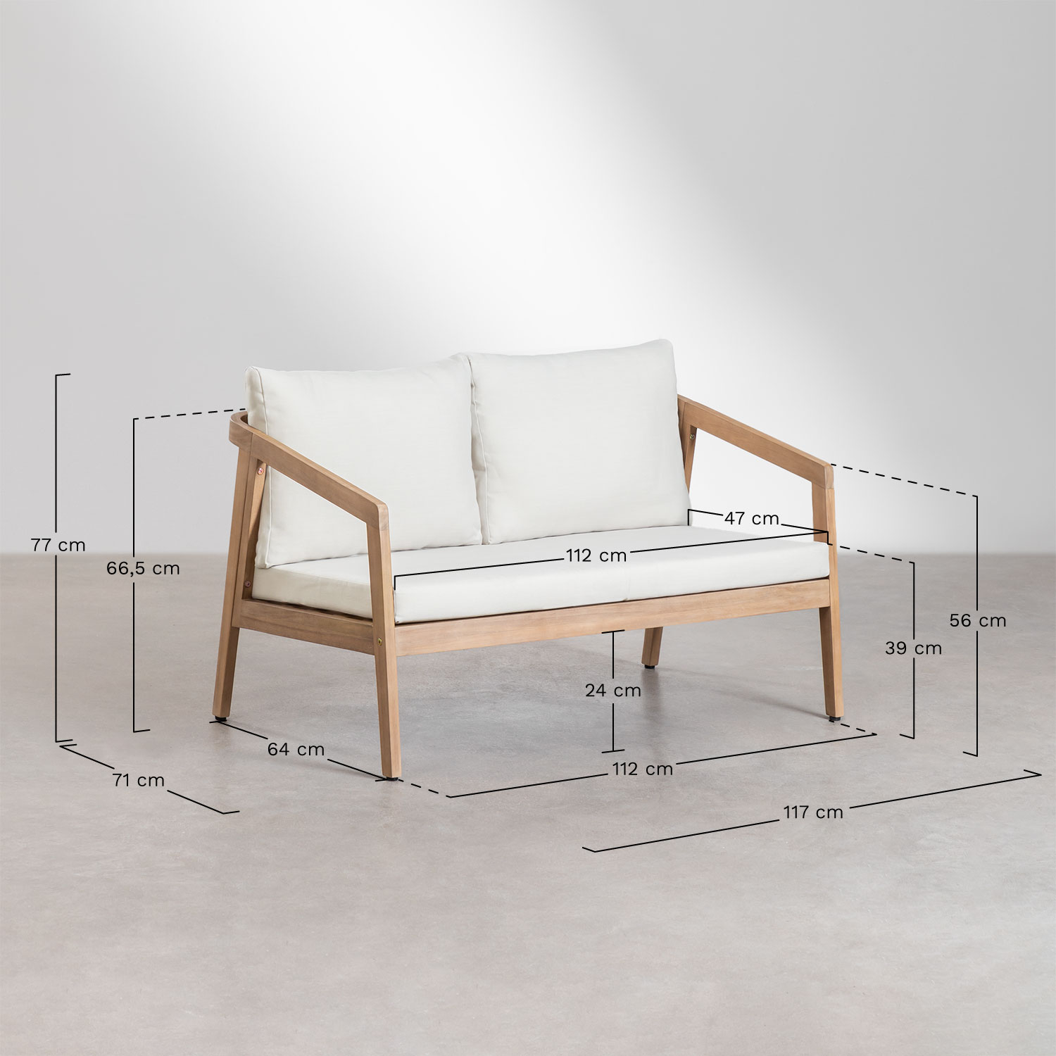 Sofa dwuosobowa z drewna akacjowego Kaela, rozmiary