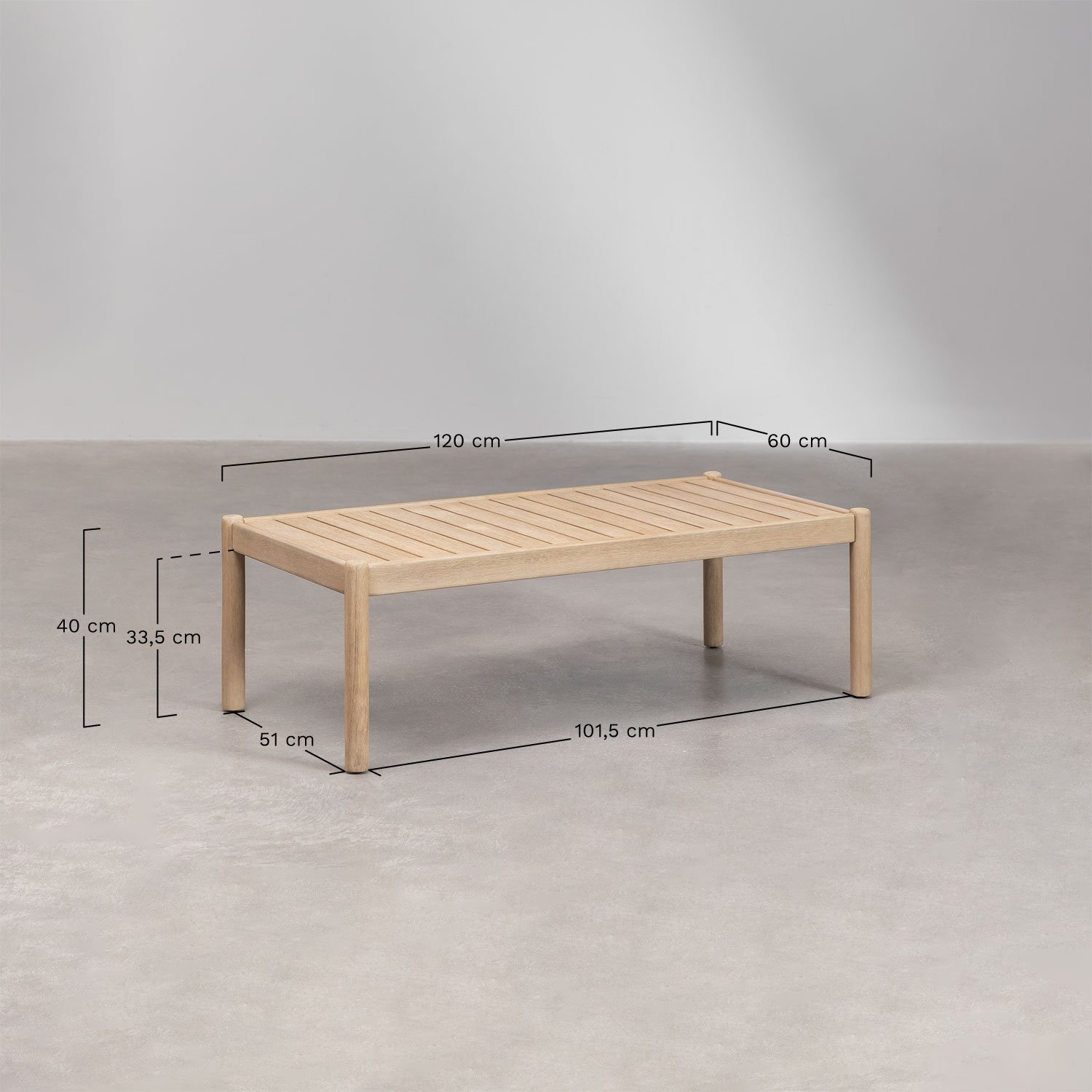 Zestaw ogrodowy z 3-osobową sofą i prostokątnym stolikiem kawowym 120x60 cm z aluminium i drewna akacjowego Karvia, rozmiary