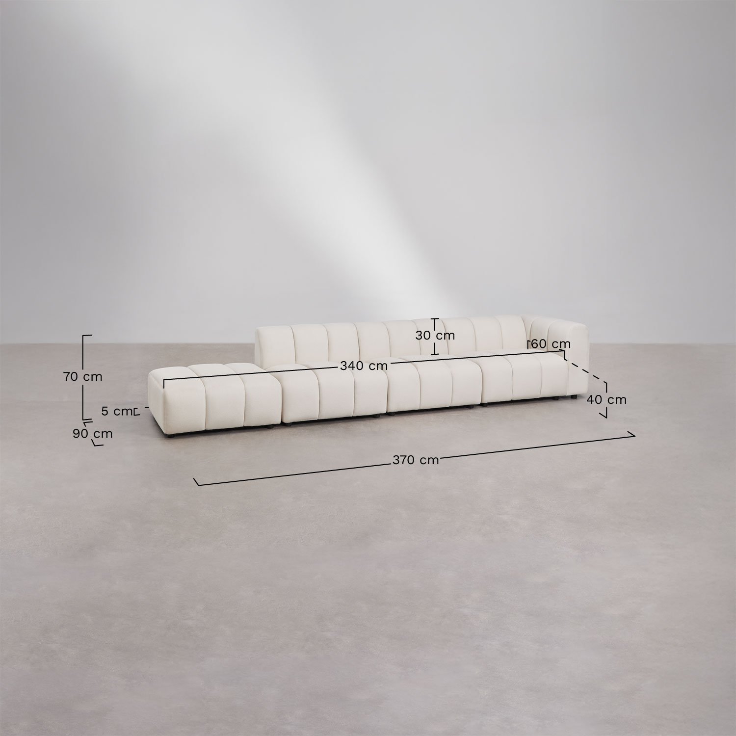 Narożna sofa modułowa Eliot 3-częściowa, prawa, z pufem, w tkaninie bouclé, rozmiary