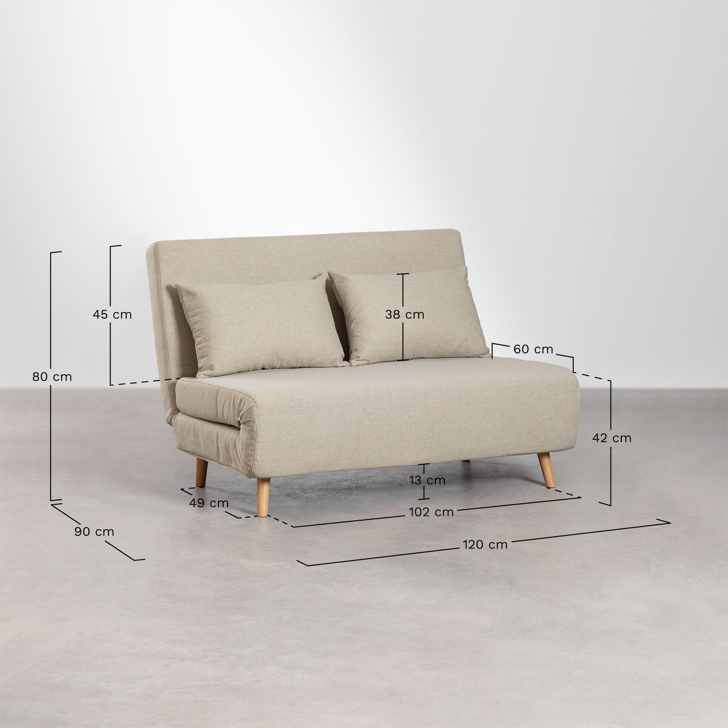 Sofa rozkładana 2-osobowa z tkaniny Elen, rozmiary