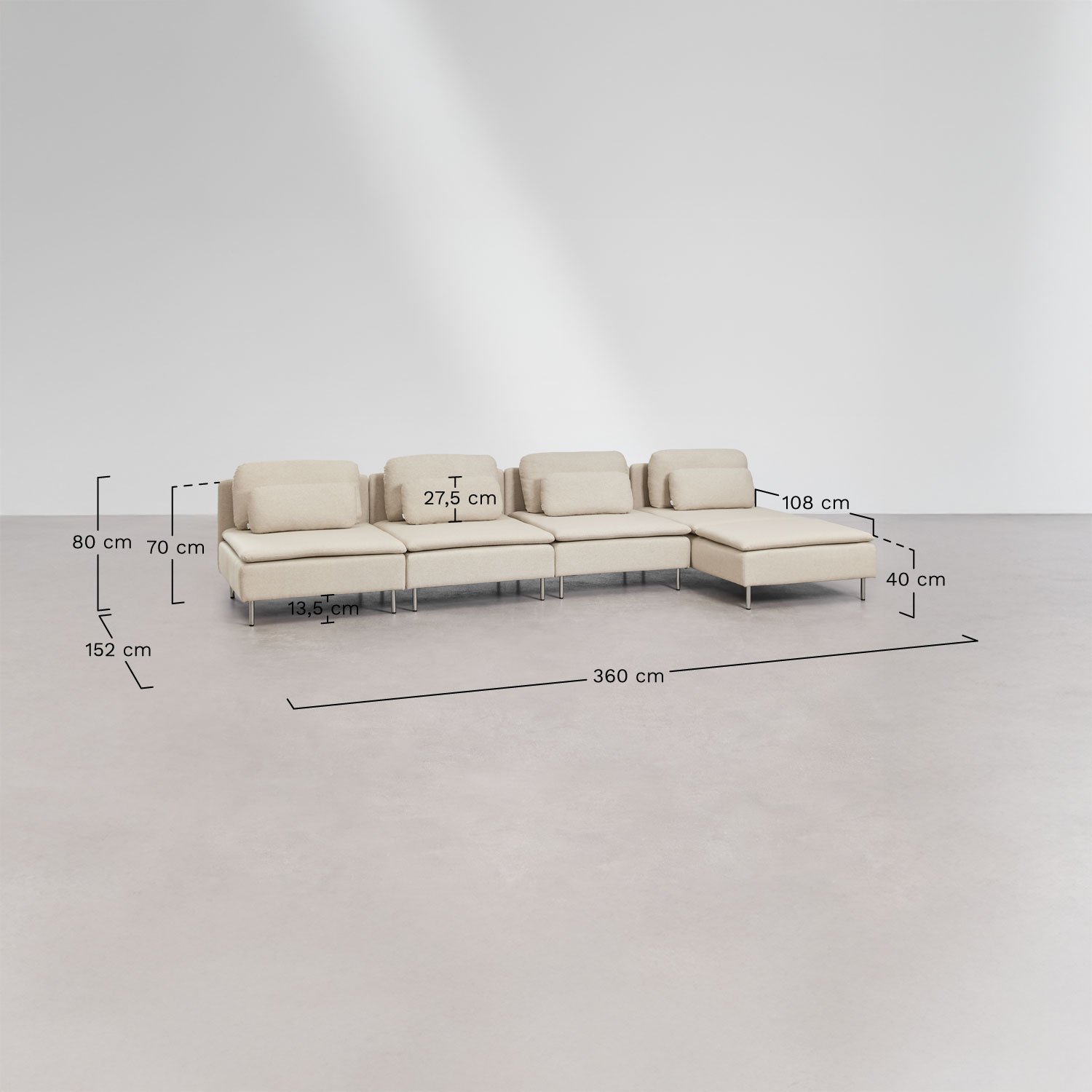 Sofa modułowa Oriol 4-częściowa, prawa, leżanka, rozmiary