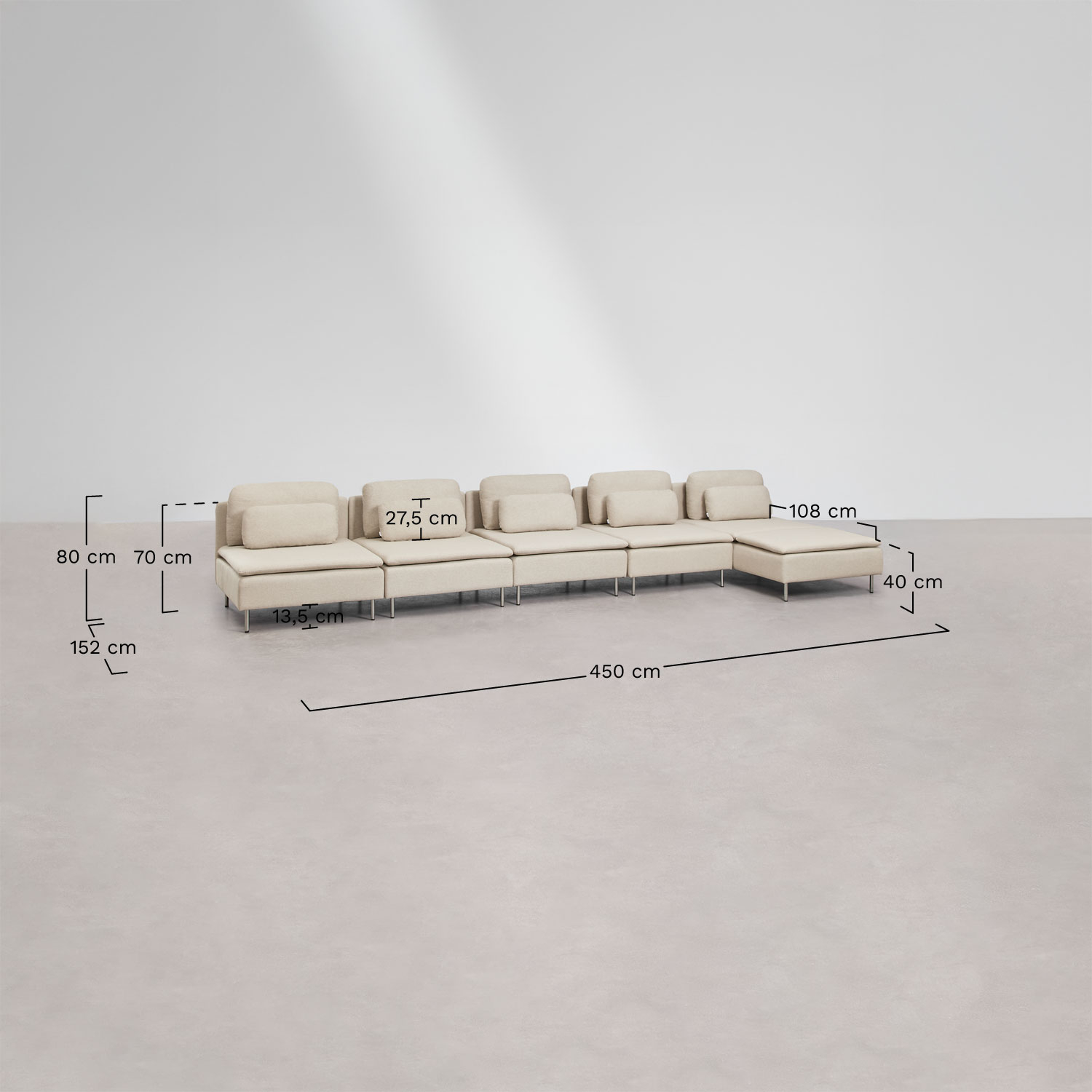 Sofa modułowa Oriol 5-częściowa, prawa, leżanka, rozmiary