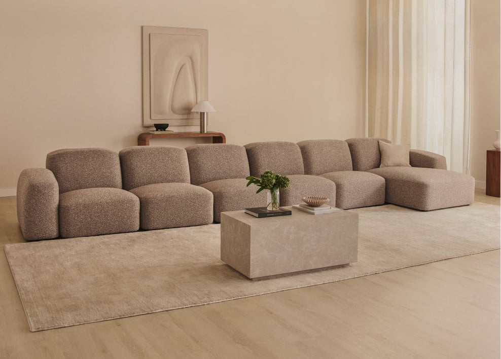 Bastian 6-częściowa sofa modułowa z leżanką prawostronną - Tkanina Mokka Brąz Bouclé