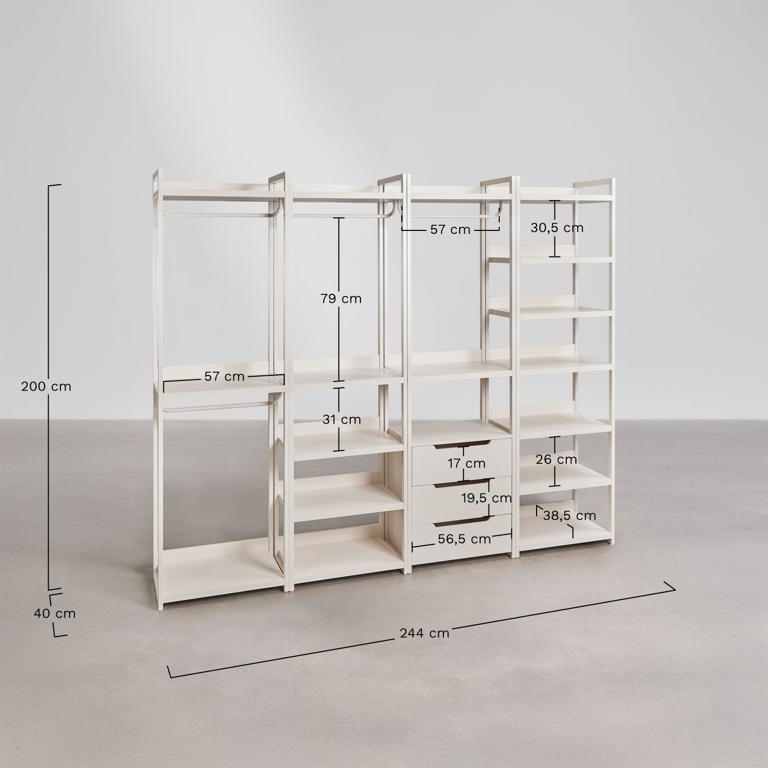 Szafa modułowa Velunis 4-częściowa otwarta z żelaznymi półkami, rozmiary