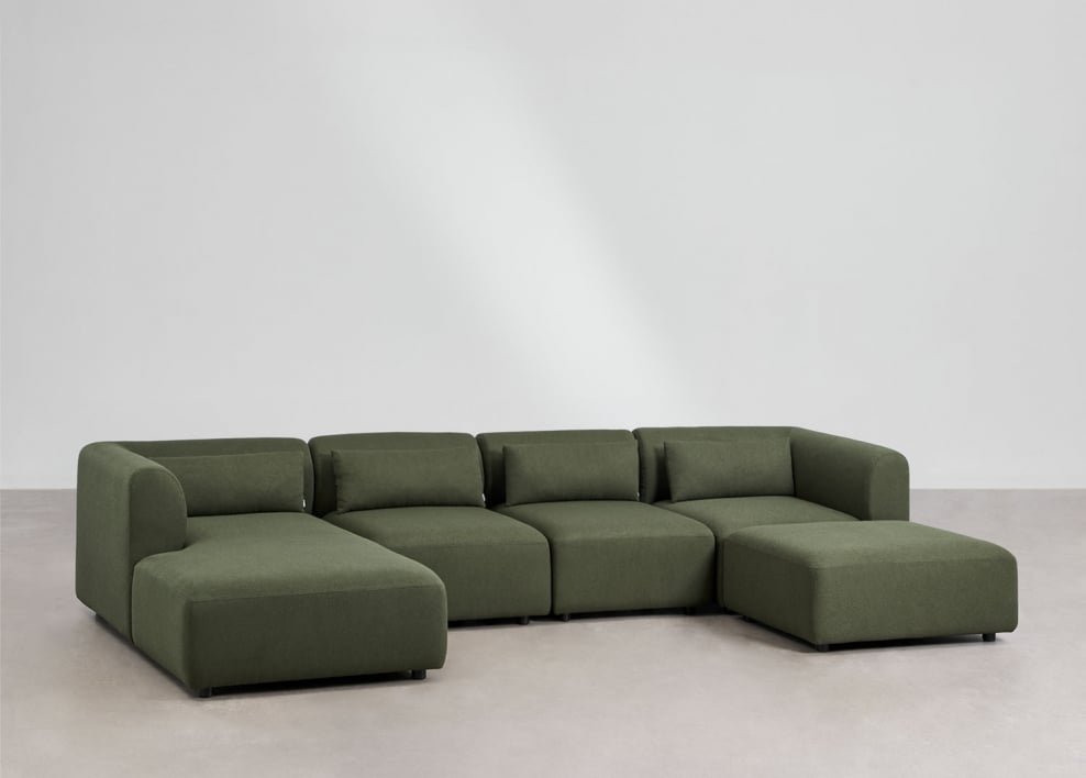 Sofa modułowy z lewym szezlongiem, 4 częściowy z pufem Fogler - Chenille Salvia Zieleń