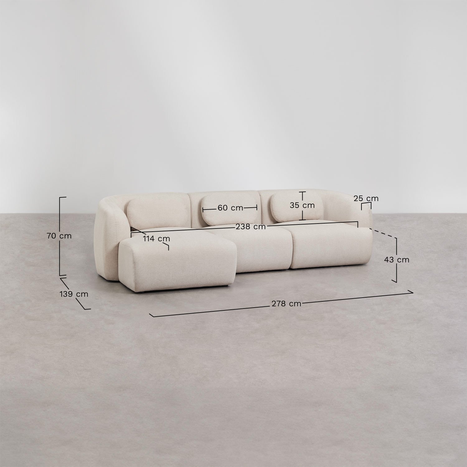 Sofa modułowy z lewym szezlongiem, 3-częściowy, z tkaniny chenilla Coquette, rozmiary