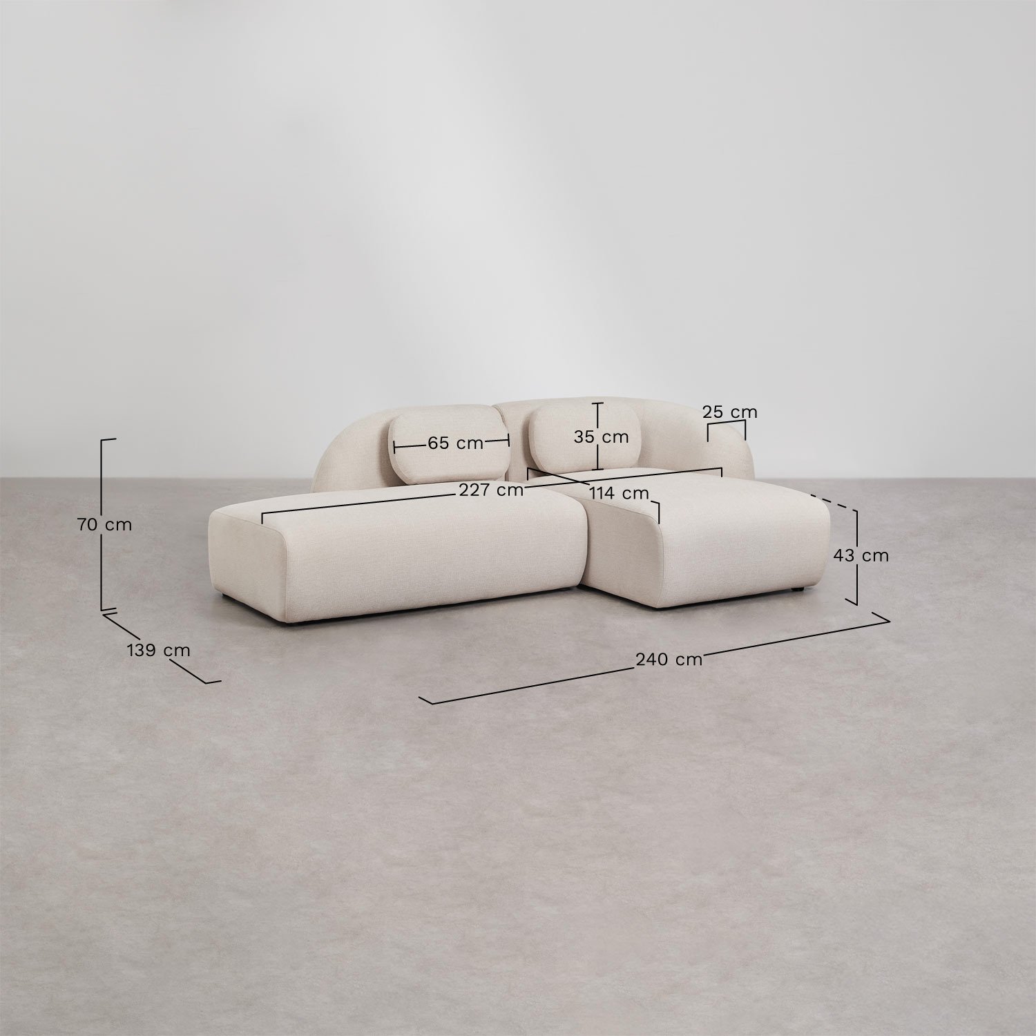 Sofa modułowy z prawym szezlongiem, 2-częściowy z lewym szezlongiem, tapicerowany tkaniną chenille Coquette, rozmiary