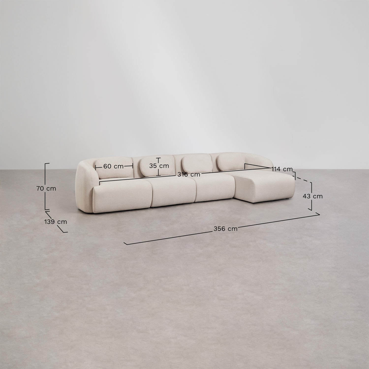 Sofa modułowy z prawym szezlongiem, 4-częściowy, z tkaniny chenille Coquette, rozmiary