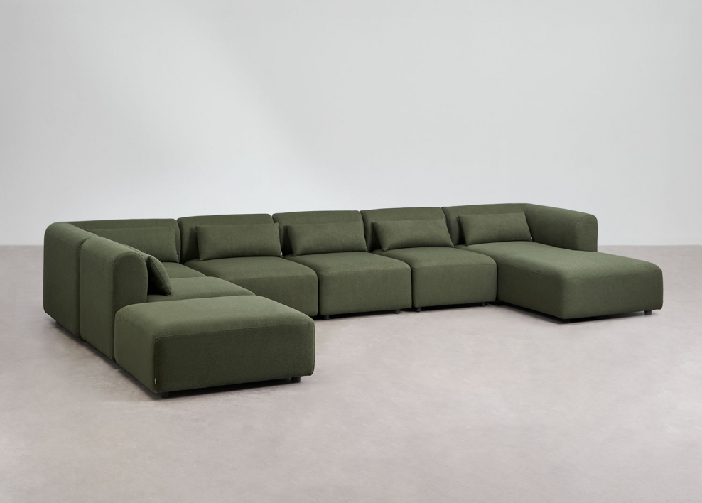 Sofa modułowy z prawym szezlongiem 6-częściowy z pufem Fogler - Chenille Salvia Zieleń
