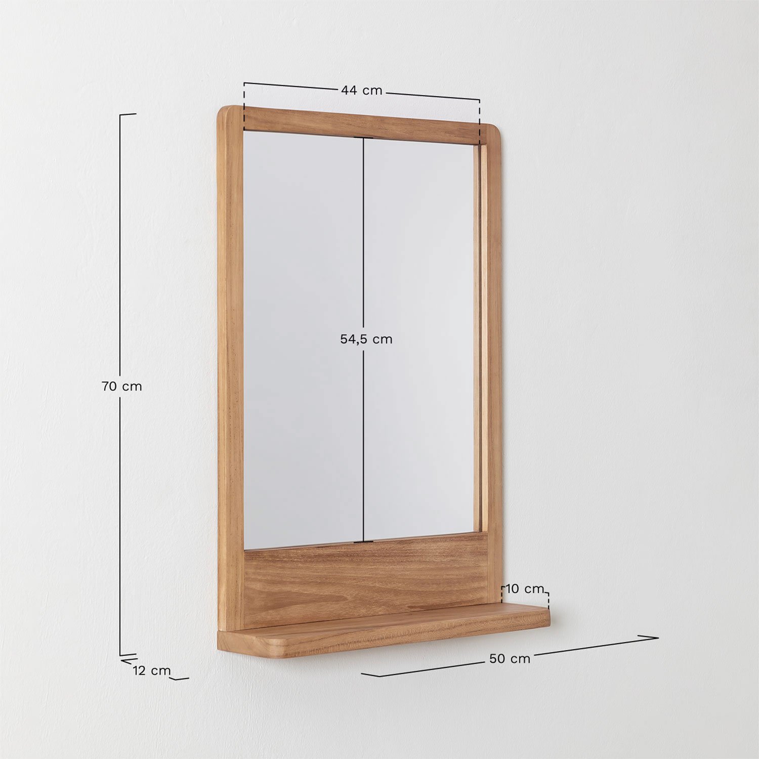 Lustro ścienne prostokątne 50x70 cm z półką z drewna tekowego Mazure, rozmiary