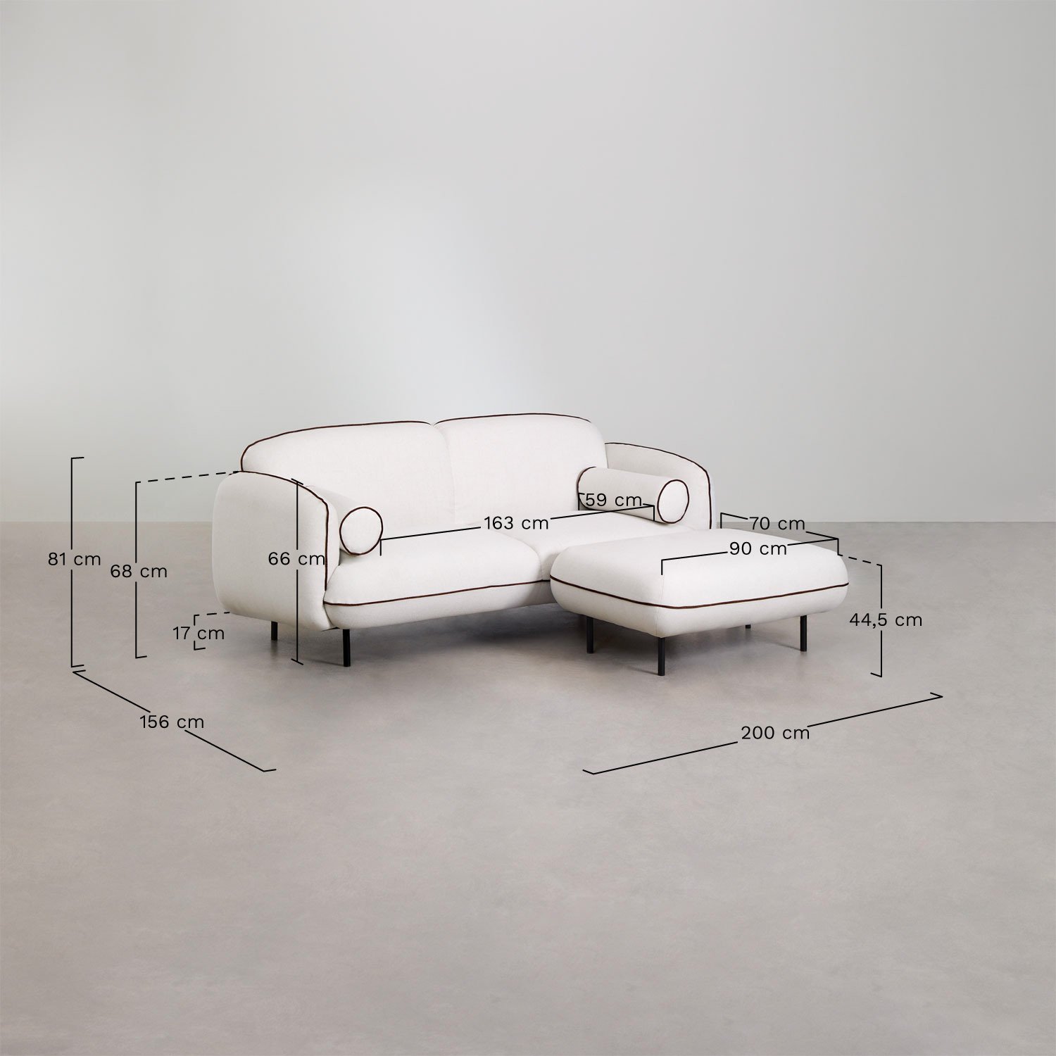 Sofa 3-osobowa z pufą Biel, rozmiary