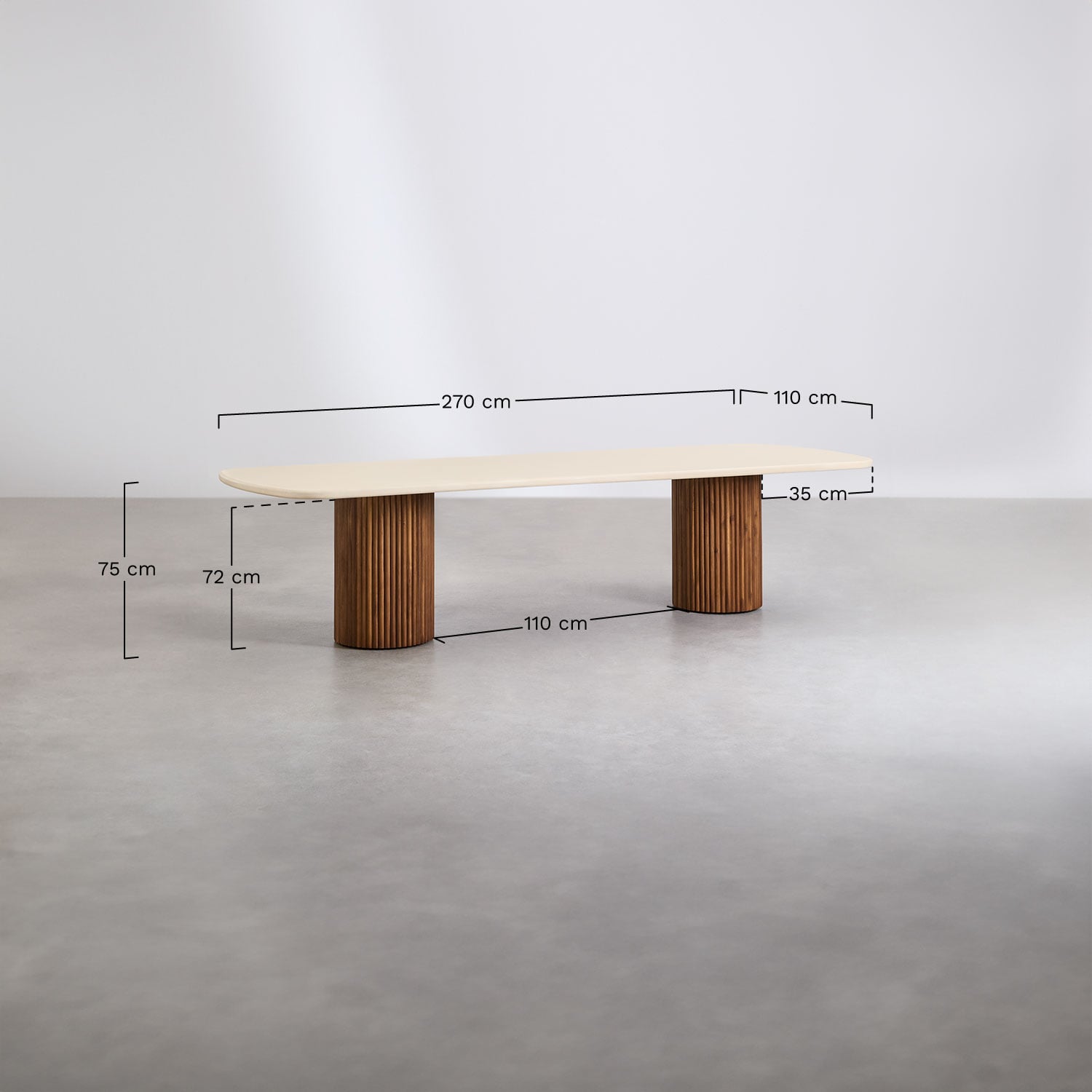 Zestaw stołu prostokątnego 270x110 cm z cementu Sirvon oraz 10 krzeseł ogrodowych z podłokietnikami z drewna akacjowego Mallory, rozmiary