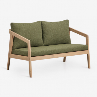 Sofa Dwuosobowa Z Drewna Akacjowego Kaela Jasny Akacjowy Brąz & Bouclé Salvia Zieleń - Sklum