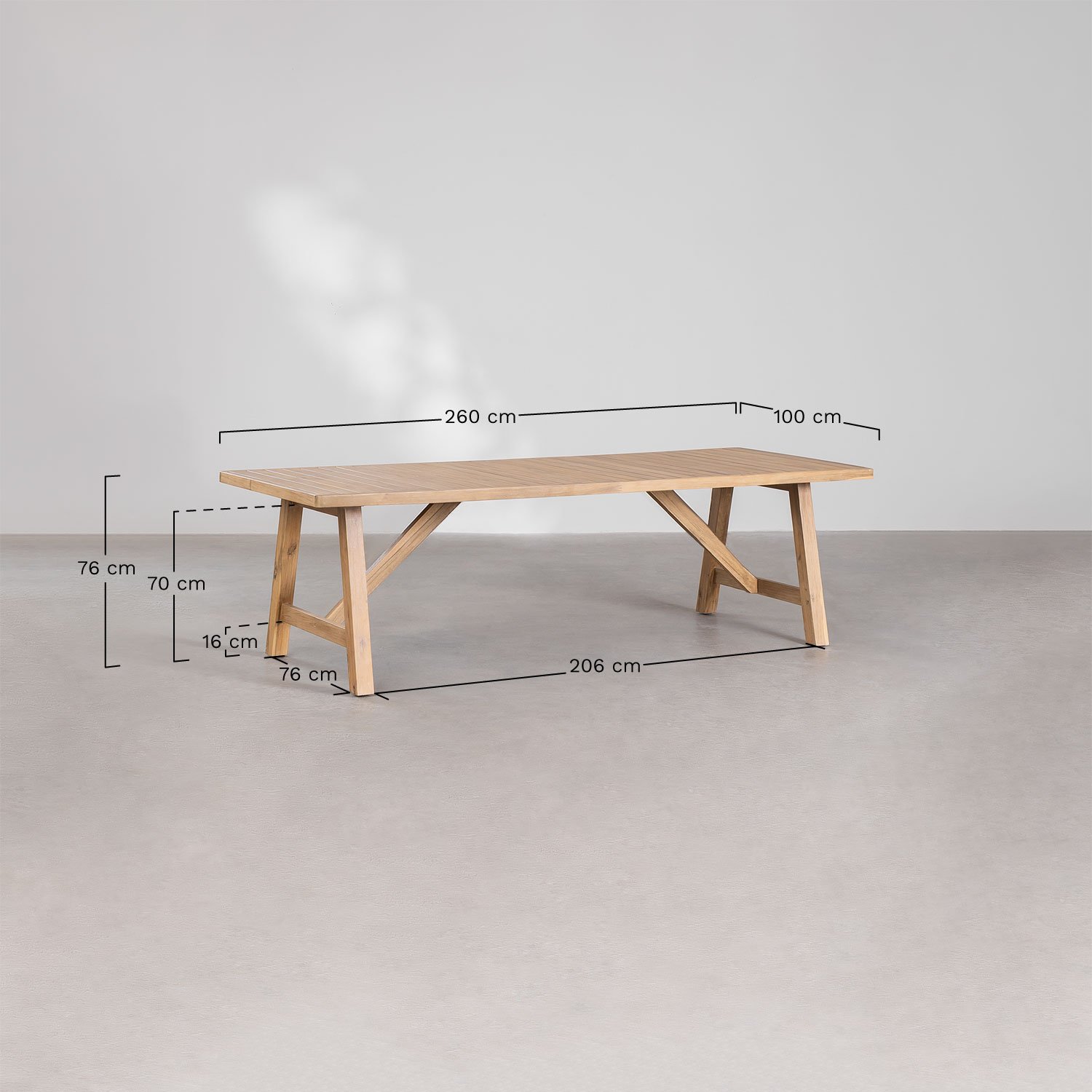 Zestaw stołu prostokątnego 260x100 cm i 10 krzeseł jadalnianych z drewna akacjowego Dubai, rozmiary